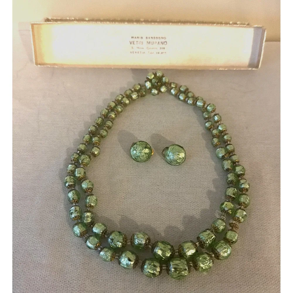 Vintage MURANO GLASS NECKLACE & CLIP EARRINGS Venetian Green Gold-Mario Sanzogno